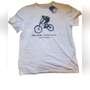 Life Is Good Mens Medium White Tee with Blue Bike Graphic